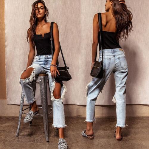 High Street 2021New Womens Summer Clothing Ladies Tattered Jeans Fashion Retro Tasseled Big Hole Straight Denim Trousers джинсы