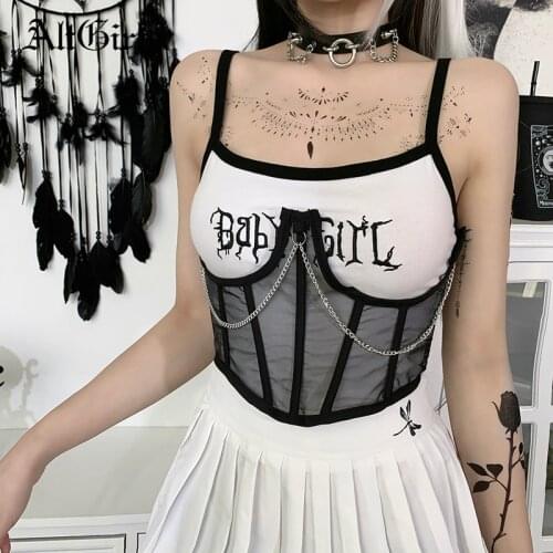 InsGirl Mall Goth Punk Metal Chain Corset Women Harajuku Sexy Vintage Mesh See Through Waist Shaper Underbust Bandage Cummerbund
