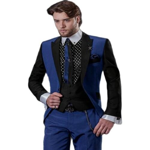 Handsome Blue And Black Mix Groom Tuxedos Mens Evening Dress Toast Suit Party Blazer Clothes (Jacket+Pants+Vest+Tie) NO:090
