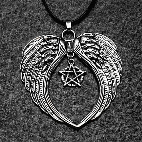 Guardian Angel Wing Pendant Pentagram Choker Pentacle Necklace Wiccan Choker Angel Wing Necklace Valkyrie Wings