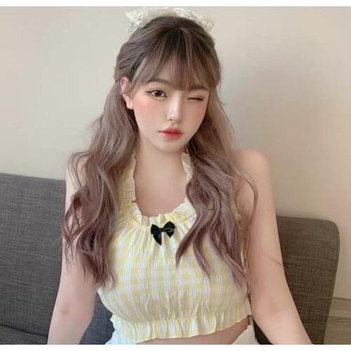 2021 Summer Yellow Plaid Strapless Halter Top Sweet And Cute Short Dollskill Sexy Virtual Party Crop Tops