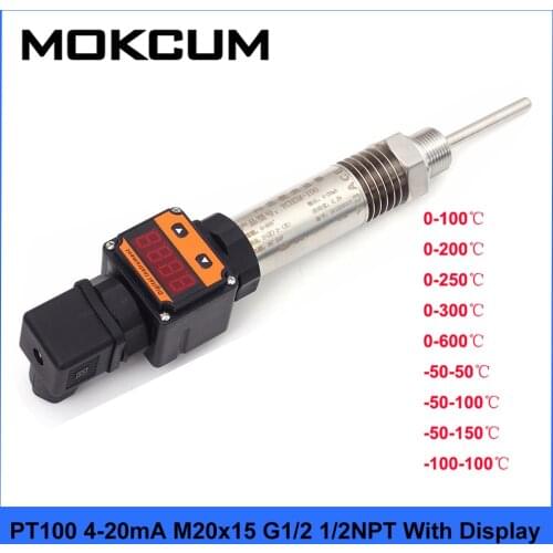 0-600Celuis PT100 Sensor Module Temperature Sensor 4-20mA M20x15 G1/2 Integrated With LED Display Temperature Transmitter DC 24V