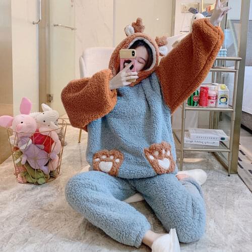 New Cartoon Coral Fleece Hooded Sleepwear Cute Warm Long Sleeves Winter Pajamas Set Top Pants Loose Pockets Girls Homewear Women