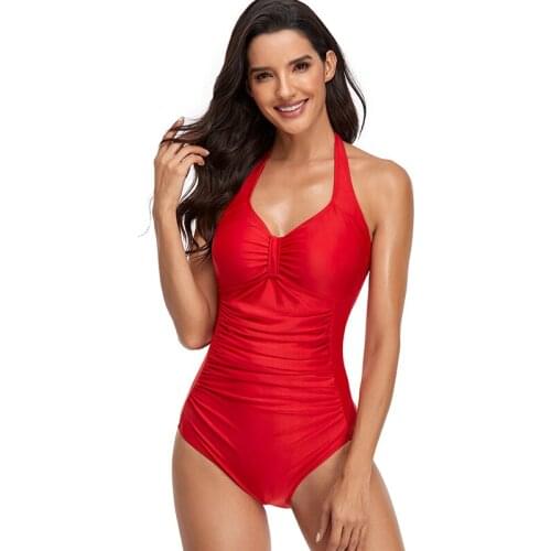 Solid One Piece Swimsuit Halter Swimwear Women Backless Swimming Suit for Women Red Swimsuit Fused 2021 Summer Beachwear