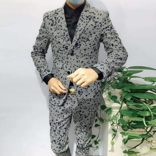 Autumn New Fashion Black And White Jacquard Slim Suit Set Korean Men Suit 2-piece Men Suit Luxury High Quality Men Blazer Suit
