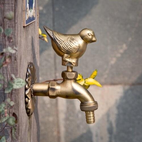 Vintage Brass Green Bird Cool Water Faucet European Outdoor Home Garden Wall Decor Animal Figurines 20mm Single Water Faucet