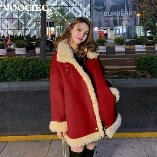 VOOCIEC Winter Womens Cotton Jacket Mid-Length Lambs Wool Fashionable Fur Collar Loose Coat Plus Velvet Goddess Style Cotton