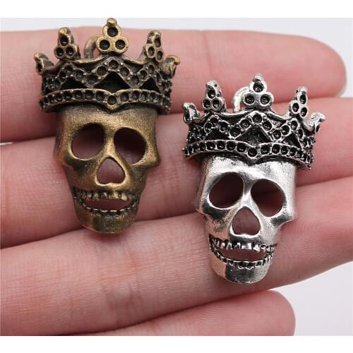 WYSIWYG 2pcs Crown Skull Charms Pendant DIY Jewelry Findings 2 Colors Antique Silver Color Antique Bronze Tone 35x22mm