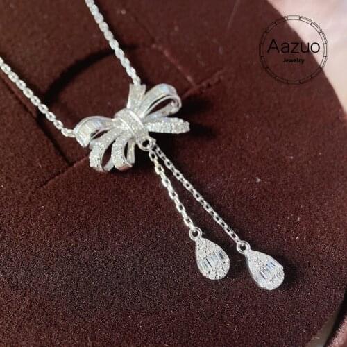 Aazuo 18K White Gold Real Diamonds 0.30ct Fairy Bowknot WaterDrop Chain Necklace Gifted for Women Wedding Link Chain Au750