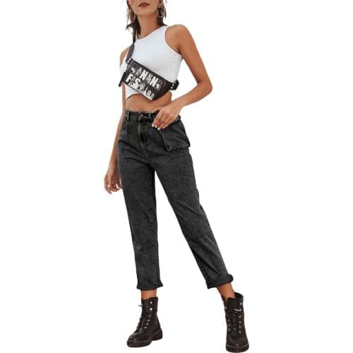Womens 2021 New Fashional Casual And High Street Patchwork Pockets High Waist Slimming Jeans Straight-leg Ankle-length Trousers