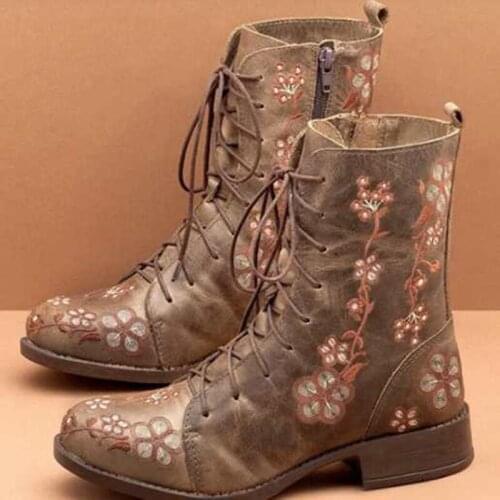 New Women Retro Embroidery Decor Short Boots Lace Up Side Zipper Square Heels Booties Female Casual Shoes Plus Size 35-43