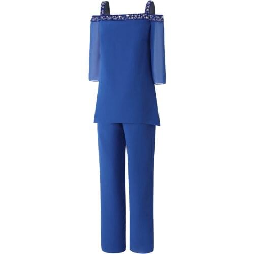 Womens 2 Pieces Maxi Long Sleeves Beaded Mother of Bride Trousers Suits Evening Dress Wedding