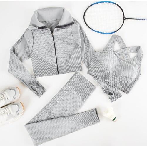 Two Piece Set Women Stripe Tracksuit Seamless Sportswear Long Sleeve Crop Top and Seamless Leggings Fitness Sets