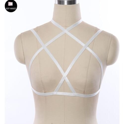 Crop Top Women Body Harness Cage Bra White Elastic Bondage Harness Sexy Lingerie Punk Harajuku Goth Fetish Rave Bustier