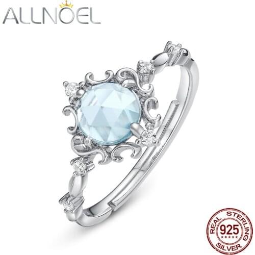 ALLNOEL Solid 925 Sterling Silver Engagement Ring For Women Blue Topaz Stone White Gold Adjustable Rings 2020 New Retro Gift