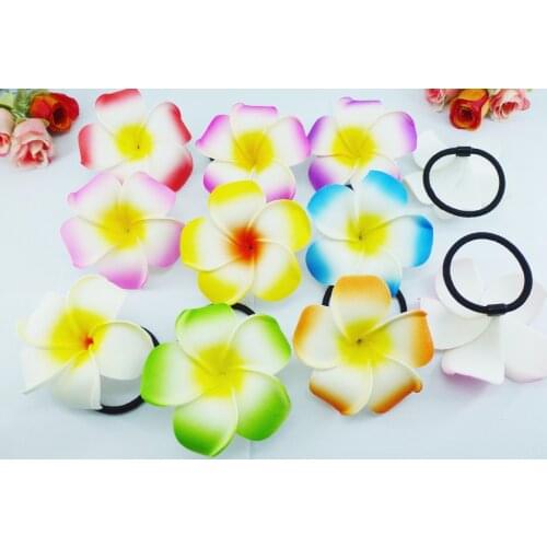 20pcs Wholesale 8cm large foam flower hair ribbons foam hawaiian plumeria flower elastic Hawaiian frangipani hair band hair rope