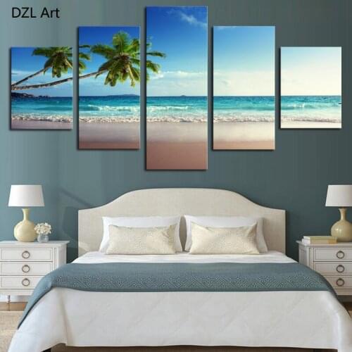 5 Panels(No Frame) beach and coconut tree Modern Wall Decor Print on Canvas Oil Painting Canvas Painting for Christmas Gift
