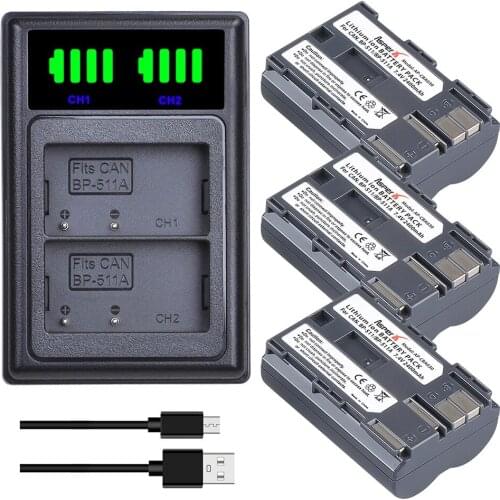 3Pcs BP-511A BP-511 BP 511 511A BP511 BP511A Batteries + LED USB Dual Charger for Canon EOS 5D 10D 20D 30D 40D 50D 300D D60 G6