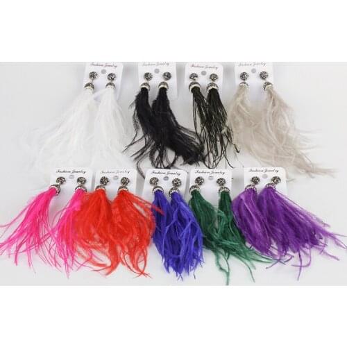 Dankaishi Long Feather Earrings Colorful Ostrich Feather Jewelry for Women Girls Ethnic Vintage Rhinestone Dangle Drop Earrings