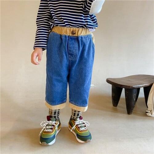 8677 Children Pant Patchwork Denim Pants 2021 Autumn New Boys' And Girls' Corduroy Splicing Pants Jeans 1-5Year Kids Trousers