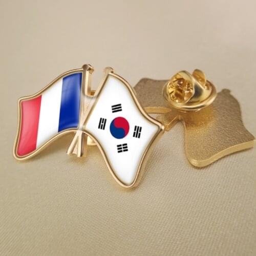 France and South Korea Crossed Double Friendship Flags Lapel Pins Brooch Badges