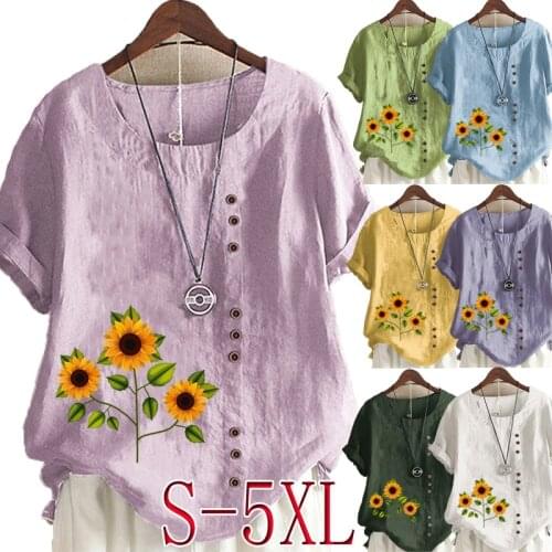 Womens Summer Casual Sunflower Print Loose T-shirt Retro Cotton Linen O-Neck Oversized Short Sleeve Top S-5XL