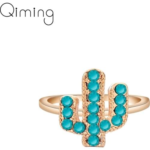 Glamorous Blue Crystal Desert Cacti Ring Women Plant Jewelry Geometric Tree Finger Stone Ring Handmade Copper Bijoux Party Gift