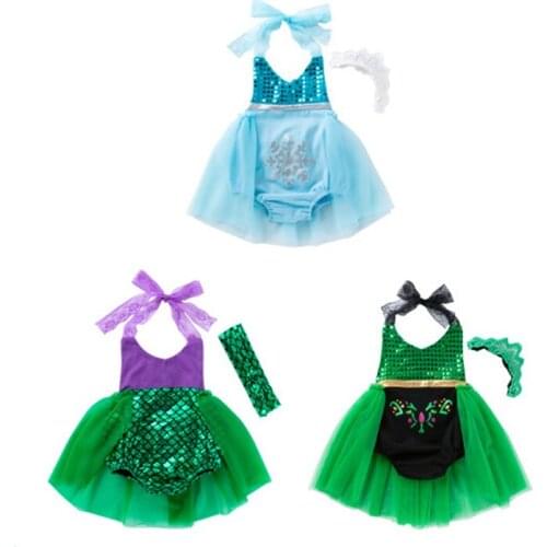 Summer girl mermaid lace strap Fashion Princess Dress bellyband With Headband Set Baby Girl Birthday Party Dresses kids clothing