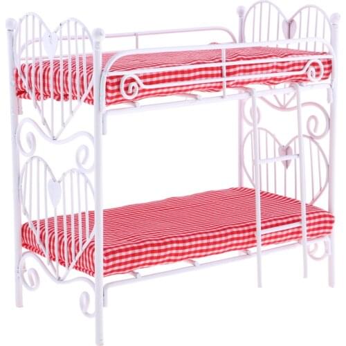 1:12 Scale Miniature Plaid Metal Bunk Bed Furniture for Dollhouse Bedroom