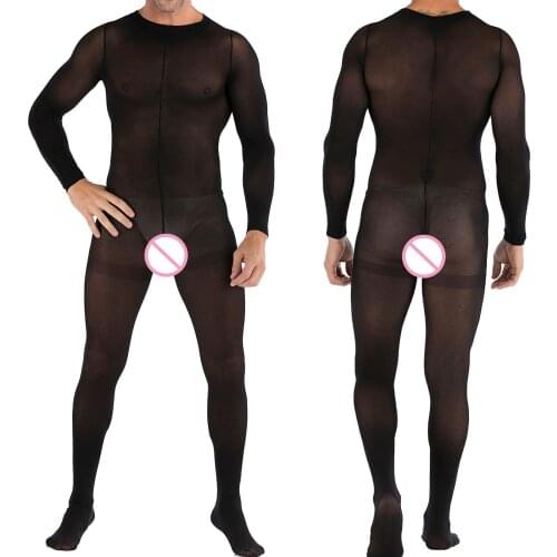 Fashion Mens Nightclub Sexy Black Sexy Full Body Stockings Clubsuit Lace Mesh Perspective Dress One-piece Open Crotch bodysuit