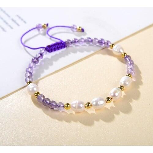 Natural Freshwater Pearl Bracelet & Bangle for Women Beads Amethysts Exquisite Bracelets Adjustable Ornament Jewelry 18cm B417