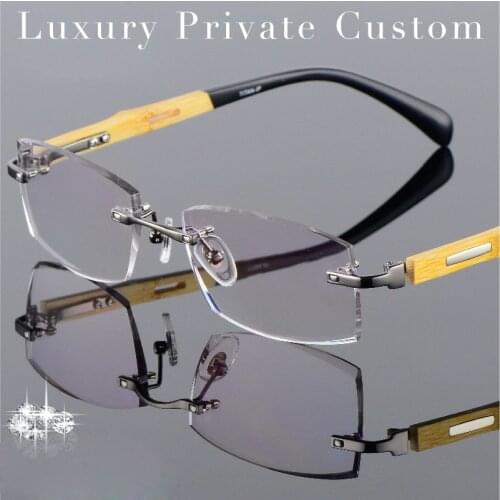 Bamboo Frame Eyeglasses Rimless Men Prescription Titanium Eye Glasses Ti Wood Hard Coated Clear Lens Myopic Computer Spectacles