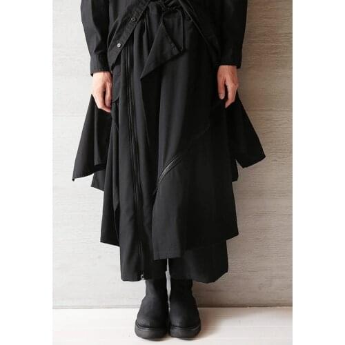 Autumn and winter irregular double-layer nine-point pants mens adjustable zipper loose large size wide-leg pants skirt black