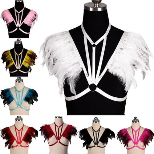 Party Body Cage Harness Bra Festival Rave Costume Harness Belts Women Gothic Natural Feather Shrug Shawl Shoulder Wings Lingerie