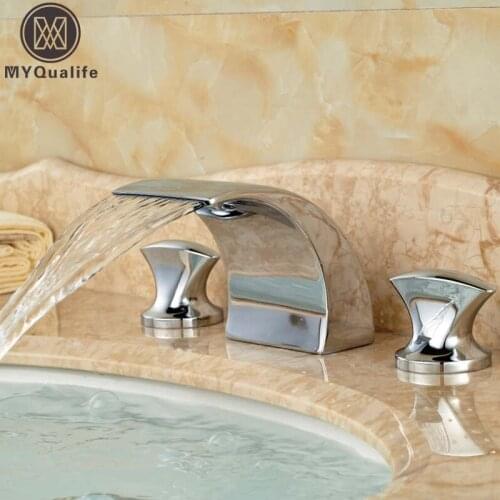 Polished Chrome Waterfall Spout Basin Mixer Water Taps Double Handle Widespread Lavatory Waterfall Washing Basin Faucet
