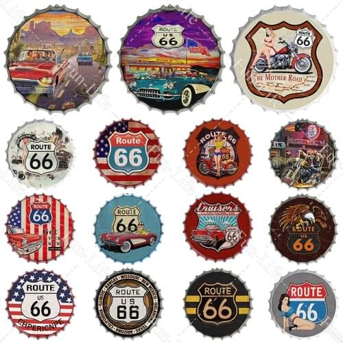 Route 66 Beer Bottle Cap Metal Tin Signs Plaques Capsule Home Pub Bar Wall Decor Vintage Plate Art Poster
