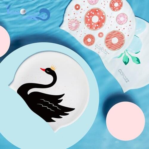 Swimming Caps Women Large Waterproof Silicone Fashion Swimming Cap Protect Hair and Ears Cute Bear Pattern Elastic Swimming Cap