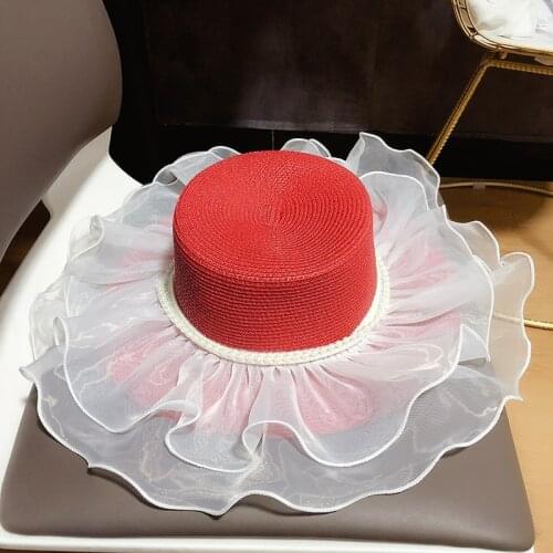 French Elegant Vintage Lace Fedora Women Summer Flat Top Straw Fashion Designer Caps Outdoor Beach Casual Sun Hat Cape Chapeau