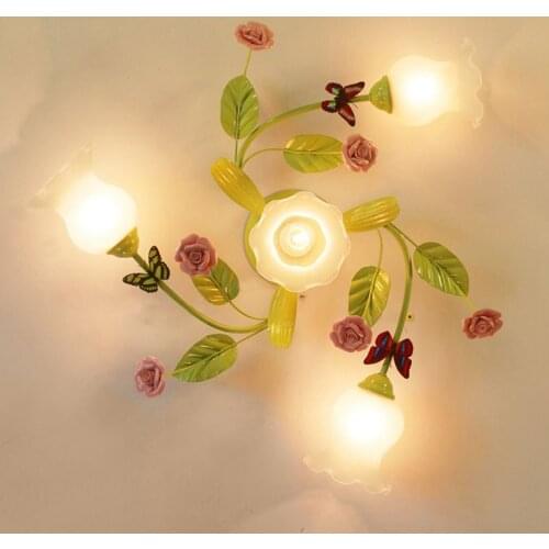 Princess Room Cute Flowers Ceiling Lamp Romantic Rural Bedroom Ceiling Lights Dining Room Ceiling Fixtures