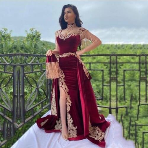Moroccan Caftan Velour Evening Dresses With Detachable Train Formal Tassel Sleeves Prom Gown Lace Appliques Celebrity Dresses