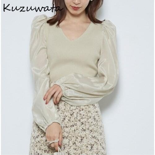 Japanese Spring 2021 New Fashion Woman Clothes V-Neck Spliced Puff Sleeve Slim Solid Pullovers Sweet Cute Female Tops