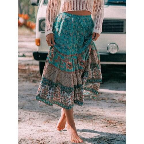 Jastie Vintage Floral Print Skirt Casual Drawstring Elastic Waist Midi Skirt Boho Hippie Chic Beach Skirts mujer faldas Bottom