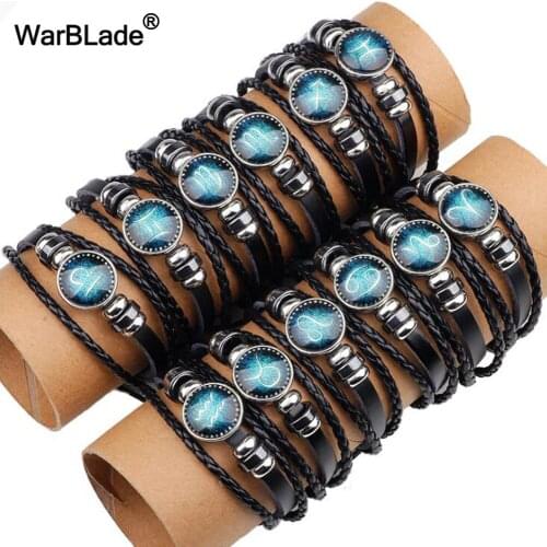 WarBLade 12pcs/set Sagittarius/Aquarius 12 Constellation Bracelet Men Women Leather Bracelets & Bangles Zodiac Signs Wristband