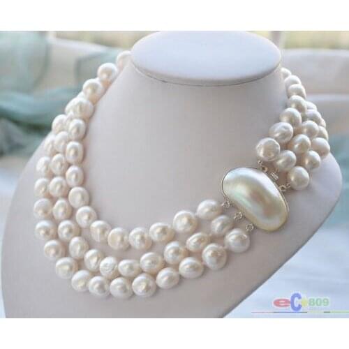 Natural pearl jewelry 3ROW 10mm BAROQUE WHITE FRESHWATER PEARL NECKLACE MABE Bridal hook -jewelry
