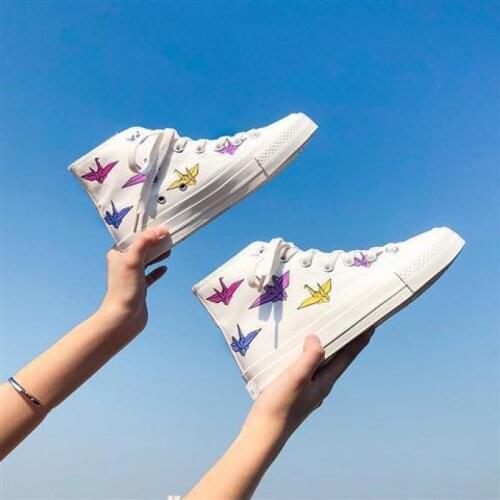Womens Shoes Spring zapatillas mujer 2021 UV Color Changing Canvas Shoes Women Paper Crane Flat Shoes High-top tenis feminino