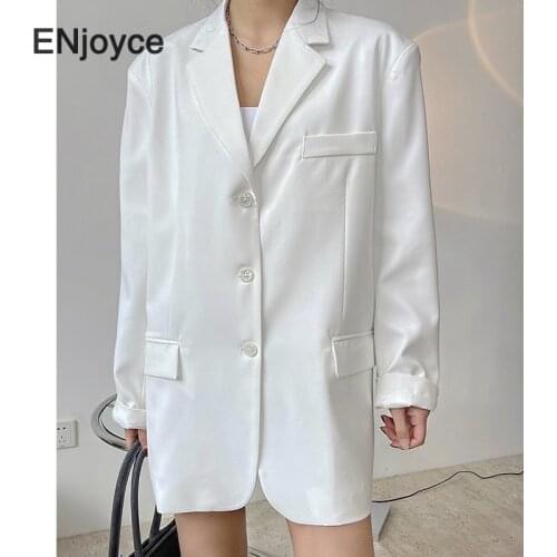 Woman Blazer White Smooth Blazers New Lapel Long Sleeve Loose Wide Shoulder Suit Jacket Korean Fashion Tide 2021 Spring Autumn