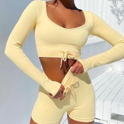 2pcs Sets Women Seamless Knitted Long-sleeved Sports Crop Top High Waisted Shorts Fitness Suit Outdoor Workout Yoga Suit