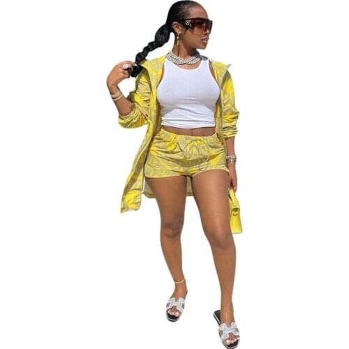 2 Pieces Set Sexy Spring Autumn Fashion Women Sets Female Tops Floral Print Long Sleeve Jacket Elastic Waist Shorts Outfits 2021