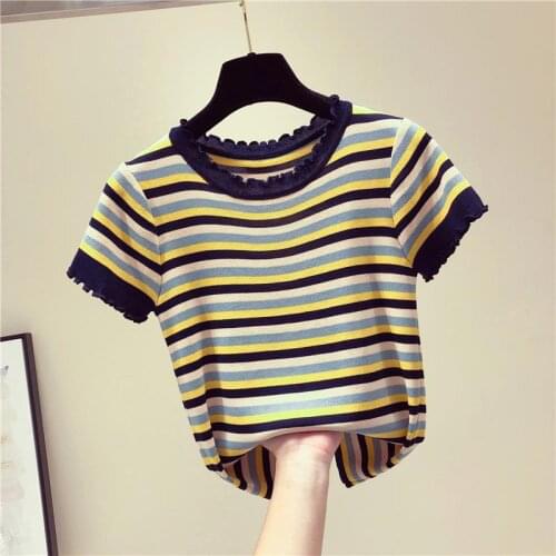 2021 summer Fashion The New Rainbow stripes O-neck short-sleeved sweater bottoming shirt womens loose thin pullover