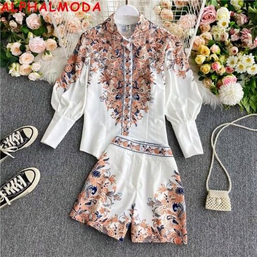 ALPHALMODA 2021 Spring New Printed Long-sleeved Shirts + A-line Hot Shorts Women 2pcs Vintage Suits Catwalk Fashion Set
